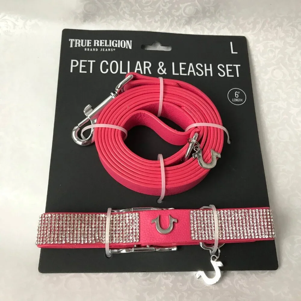 True Religion Pet Collar & Leash Set  Horseshoe Charms Logo Pink  Size : L